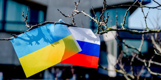 Ein Ast an dem eine ukrainische und eine russische Flagge nebeneinander hängen.