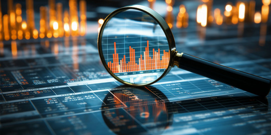 A horizontal screen with lots of technical data, a magnifying glass zooms in on a bar chart