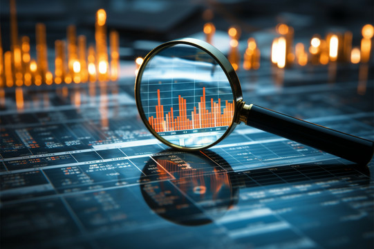 A horizontal screen with lots of technical data, a magnifying glass zooms in on a bar chart