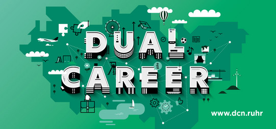 Green graphic with the outline of the Ruhr area, on it the lettering “Dual Career” and numerous symbols from everyday life and science
