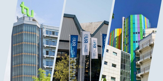 Das Bild zeigt eine Collage der Campus von der TU Dortmund, der Ruhr-Universität Bochum und der Universität Duisburg-Essen