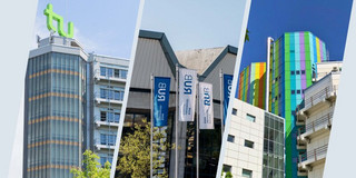 The picture shows a collage of the campuses of TU Dortmund University, Ruhr University Bochum and the University of Duisburg-Essen
