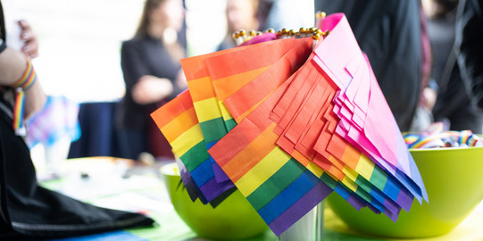 Diversität & Vielfalt Regenbogenfahnen aus Papier stehen auf Tisch