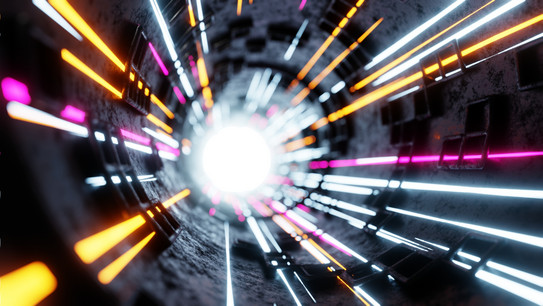 Illustration of particles in an accelerator that come from a diffuse source towards the viewer, in white, pink and yellow stripes