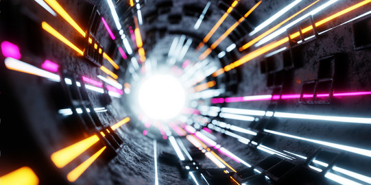 Illustration of particles in an accelerator that come from a diffuse source towards the viewer, in white, pink and yellow stripes