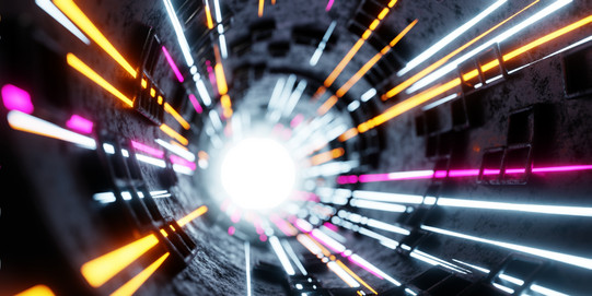 Illustration of particles in an accelerator that come from a diffuse source towards the viewer, in white, pink and yellow stripes