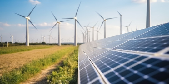 Auf einem Feld stehen im Hintergrund Windräder, rechts am Bildrand Solarmodule. 