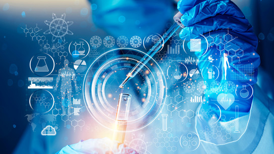 Photo/graphic combination in blue, on which the main motif is a person in laboratory clothing filling liquid into a test tube with a pipette. Numerous symbols and icons from chemistry and other sciences are depicted in front of the motif.