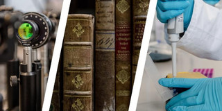 This is a representative photo for various research areas. It shows a collage of a microscope, books and a pipette.