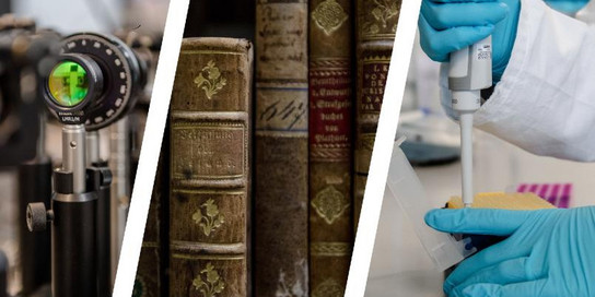 This is a representative photo for various research areas. It shows a collage of a microscope, books and a pipette.