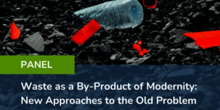 Plastic waste on the floor. In front of it a lettering (“Waste as a By-Product of Modernity: New Approaches to the Old Problem”)