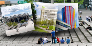 MERCUR fördert vier neue kooperative Forschungsprojekte an der UA Ruhr Menschen sitzen auf grauen Stufen. Darüber liegen drei Bilder von verschiedenen Gebäuden der RUB, der TU Dortmund und der UDE.