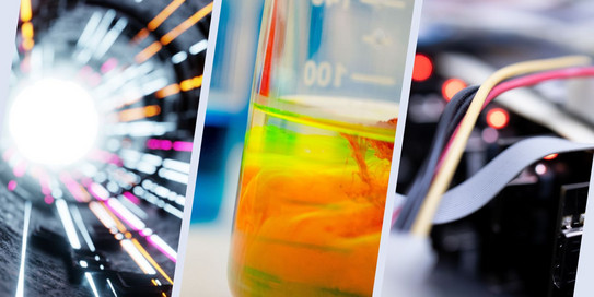 Drei Teilbilder aus der Wissenschaft zu Teilchenphysik, Lösungsmittelchemie und IT-Sicherheit