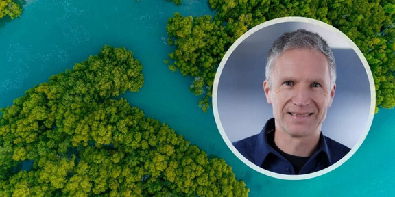 Bird's eye view of woods by a river. Above it a portrait of Peter Haase.