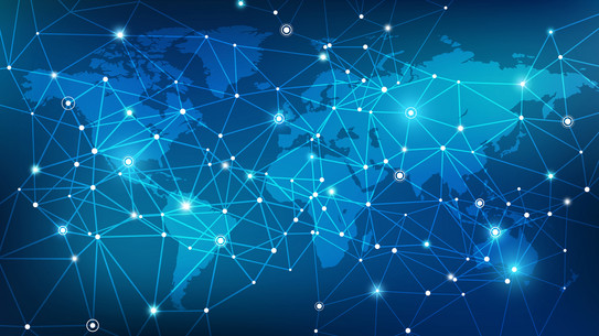 Blue map of the world on a dark blue background, a net spans the map with nodes of different brightness