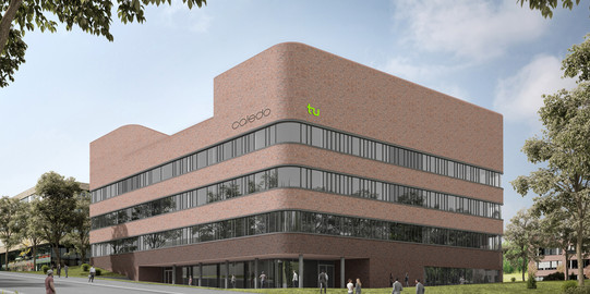 Graphic of a modern research building with a reddish facade