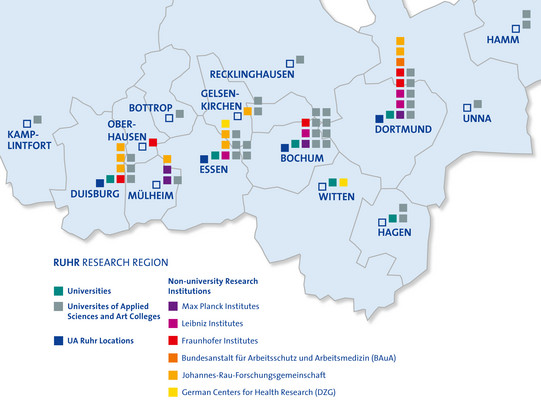 Map of the Ruhr area, on which the locations of universities, colleges and research institutions are marked with small squares