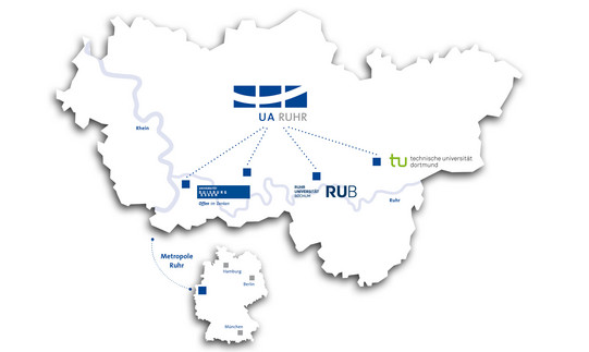 Map of the Ruhr area showing the four locations of UA Ruhr