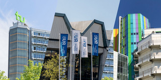 Collage of three striking buildings of the UA Ruhr universities