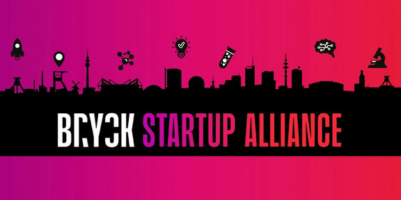 Logo of BRYCK Startup Alliance in front of the skyline of the Ruhr area