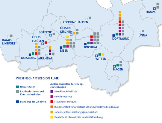 Umrisse der Landkreise der Ruhrgebiets mit Markierungen der Universitäten, Hochschulen und Forschungseinrichtungen