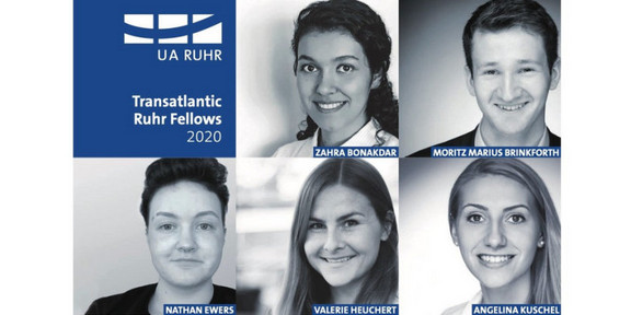 Collage: Eine Collage aus schwarz-weißen Porträtfotos von Studierenden und dem weißen Logo der UA Ruhr auf dunkelblauem Hintergrund. Daneben steht: Transatlantic Ruhr Fellows 2020.