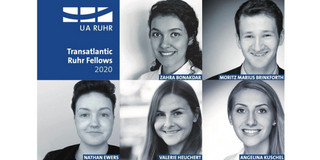 Collage: Eine Collage aus schwarz-weißen Porträtfotos von Studierenden und dem weißen Logo der UA Ruhr auf dunkelblauem Hintergrund. Daneben steht: Transatlantic Ruhr Fellows 2020.