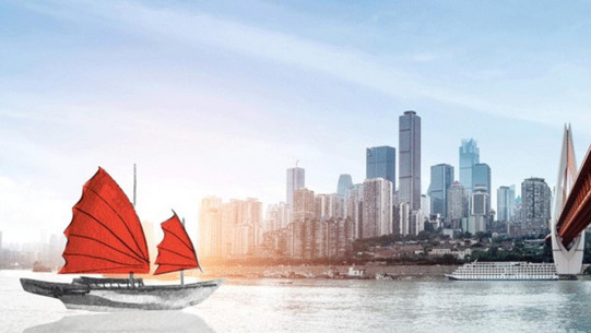 A ship with ancient sails sails on a river in front of the skyline of a large Asian city