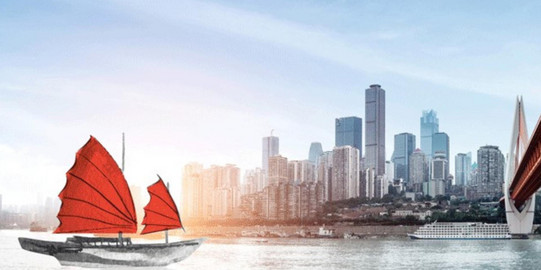 A ship with ancient sails sails on a river in front of the skyline of a large Asian city
